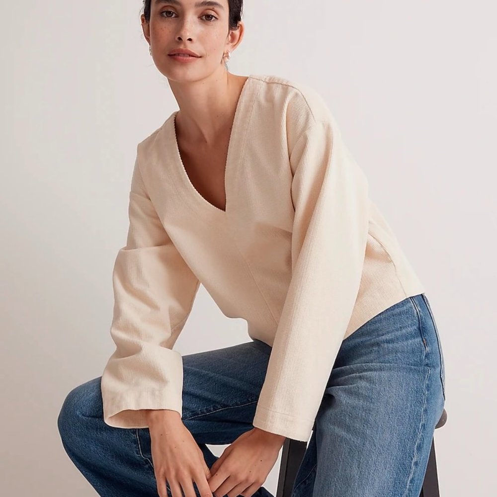 Madewell Boxy V Neck Top plush waffle-knit cotton - Picture 3 of 3